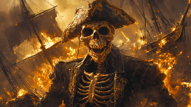 Ai generated image of a scary skeleton pirate from ghost stories about pirates. Gilded Phantom Ships. Illustration