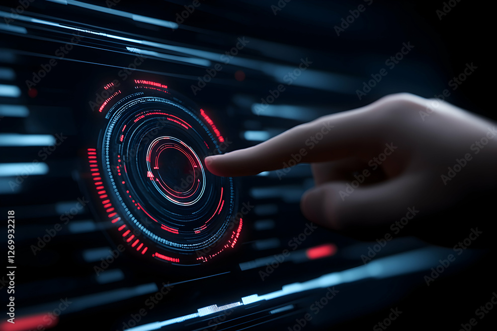 Poster a close-up of a hand interacting with a futuristic digital interface. the screen displays glowing re