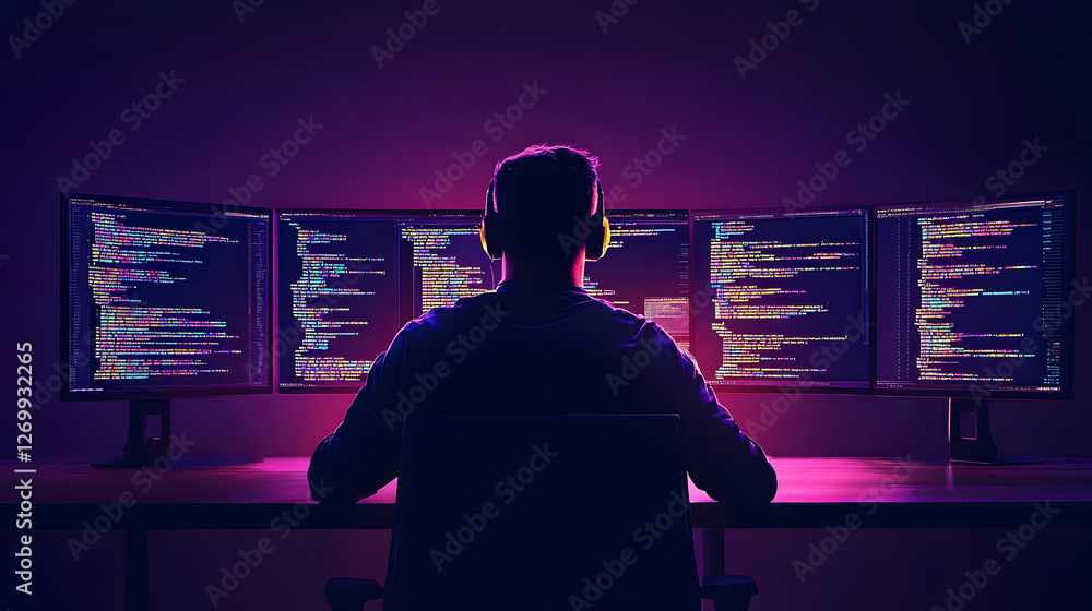 Poster a focused individual wearing headphones sits before multiple monitors, immersed in coding and digita