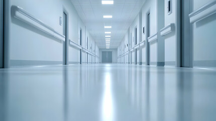 A serene hallway in a modern hospital showcasing clean lines, bright lighting, and a polished floor