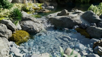 Fototapeta premium Serene Mountain Stream with Cascading Waterfalls, Rocky Landscape, and Lush Greenery
