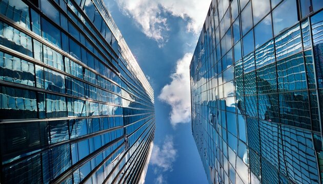 reflective skyscrapers business office buildings low angle photography of glass curtain wall details of high rise buildings the window glass reflects the blue sky and white clouds high quality
