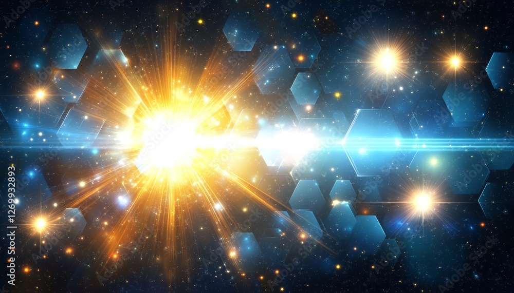 Poster cosmic network convergence. futuristic blue hexagonal pattern with light flares on a starry backdrop