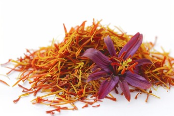 Vibrant saffron threads and delicate flower showcase the essence of culinary artistry in kitchen isolated on transparent background
