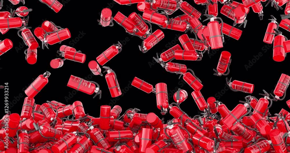 Poster fire extinguishers falling and fill the screen. 3d animation on transparent background