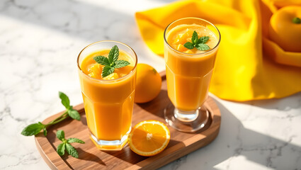 Fototapeta premium Two glasses of orange smoothie, one with a mint garnish, sitting on a wooden tray. The smoothie has a creamy texture and is topped with diced orange pieces