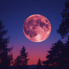 Magical Moonlit Night with a Pink-Red Supermoon and Twilight Sky