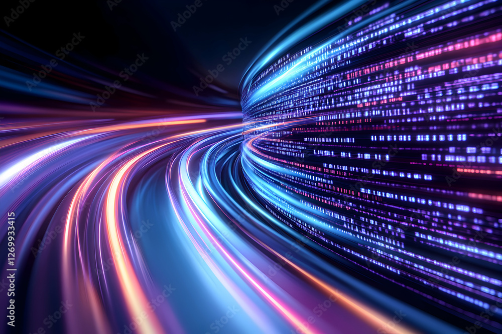 Aufkleber an abstract representation of light trails and digital data flow, showcasing vibrant colors and dyna