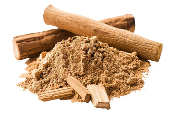 Aromatic sandalwood powder and logs showcasing natural beauty and earthy fragrance near sunset isolated on transparent background