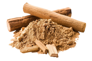 Aromatic sandalwood powder and logs showcasing natural beauty and earthy fragrance near sunset isolated on transparent background