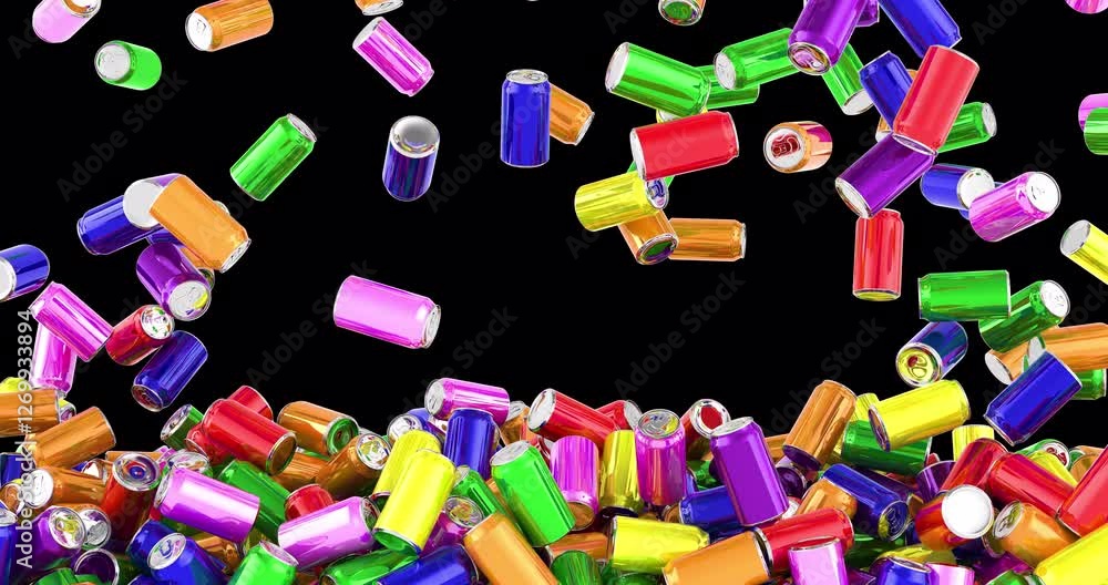Poster colored drink metallic cans falling and fill the screen. 3d animation on transparent background