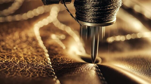 Needle stitching brown leather on sewing machine, blurred background