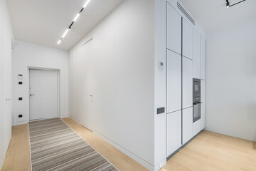 Elegant design of the studio apartment with white walls and light laminate. The front door. Built-in white kitchen set with household appliances.