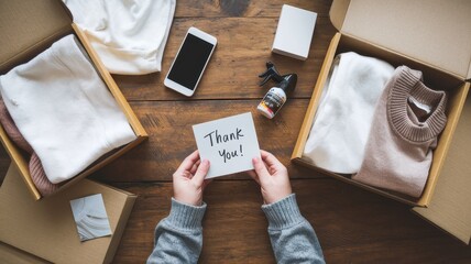 Fototapeta premium Hands holding thank you note with packaged clothing around it
