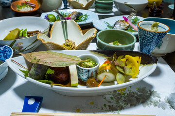 Meal at Kamigoten in Ryujin in Asia, Japan, Kansai, Ryujin, in summer, on a sunny day.