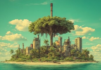 Fototapeta premium A 3D illustration of a globe depicting both peace and war, featuring devastated landscapes. This image symbolizes the concepts of apocalypse, environmental conservation, pollution, and the balance