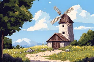 Windmill stands majestically in a vibrant landscape with blooming flowers and distant mountains under a clear sky