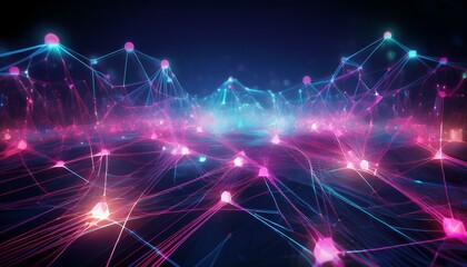 Obraz premium futuristic network connections with pink and blue glowing nodes for data transfer encryption and neural networks