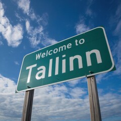 Obraz premium Green Road Sign Welcome in Tallinn – Estonia