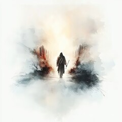 Fototapeta premium Jesus Walking Towards the Gates of Heaven with Cross in Hand. Digital watercolor illustration