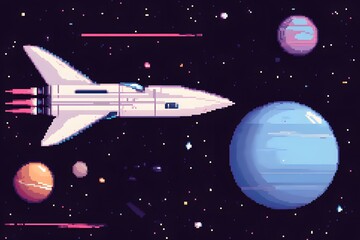 Rocket travels through space past colorful planets and asteroids in a pixel art style