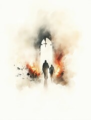 Two Figures Walking Towards the Cross Through a Fiery Passage. Digital watercolor illustration