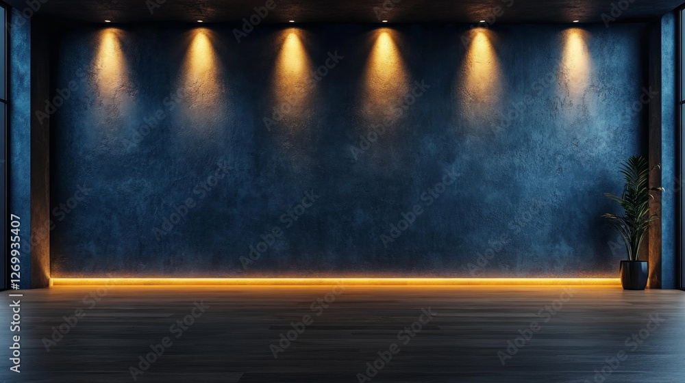 Aufkleber an empty room captures the essence of minimalism with dark blue walls and warm lighting. a solitary 