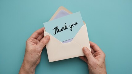 Person holding a thank you card in an envelope