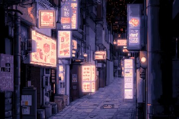 Fototapeta premium Neon-lit alleyway in a bustling urban environment during the late evening