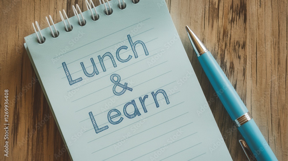 Aufkleber notebook featuring the words lunch and learn is on table