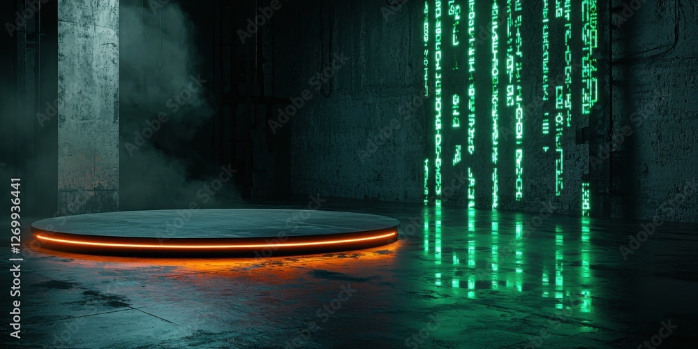 Poster sci-fi digital platform with glowing neon lights in dark futuristic room matrix style for tech backg