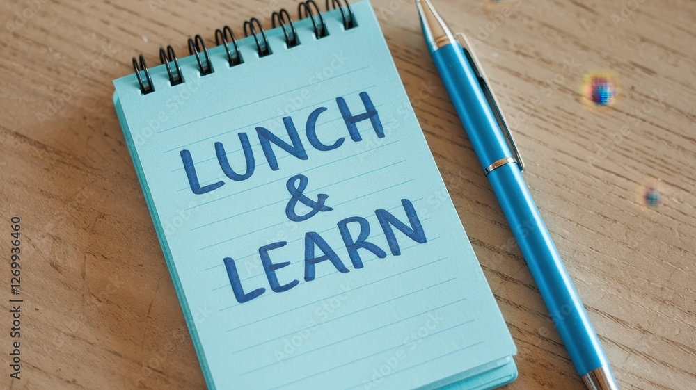 Poster A notebook displaying the text lunch and learn with a pen