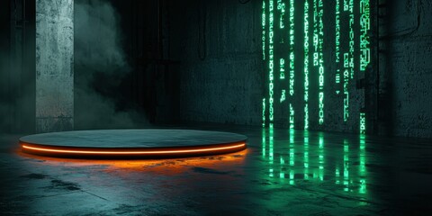 Sci-fi digital platform with glowing neon lights in dark futuristic room matrix style for tech backgrounds and virtual reality, for product display, branding in tech themes