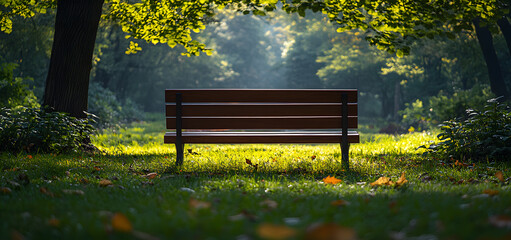 Wooden bench in a tranquil park surrounded by trees and sunlight filtering through leaves