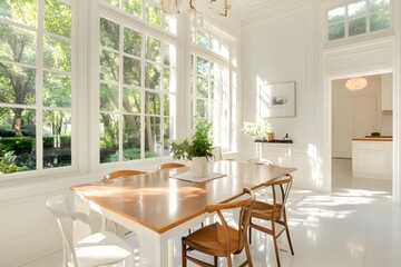 Bright and airy dining area with large windows and elegant decor in a garden setting