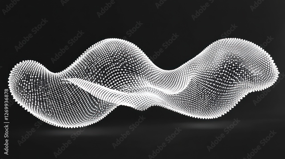 Poster abstract waveform of connected dots on dark background with visual flow