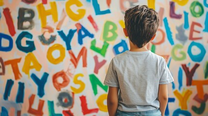 Child facing colorful jumbled letters symbolizing dyslexia challenges.