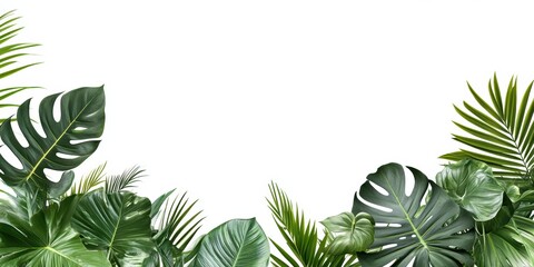Naklejka premium Tropical green palm and monstera leaves border on white background