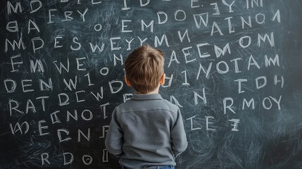 Child facing jumbled letters on chalkboard, symbolizing dyslexia challenges.