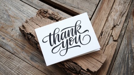A thank you card is placed upon rustic wood