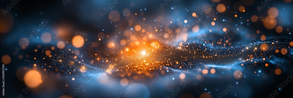 Poster abstract background with glowing particles, bokeh effect, explosion of light, festive illumination.