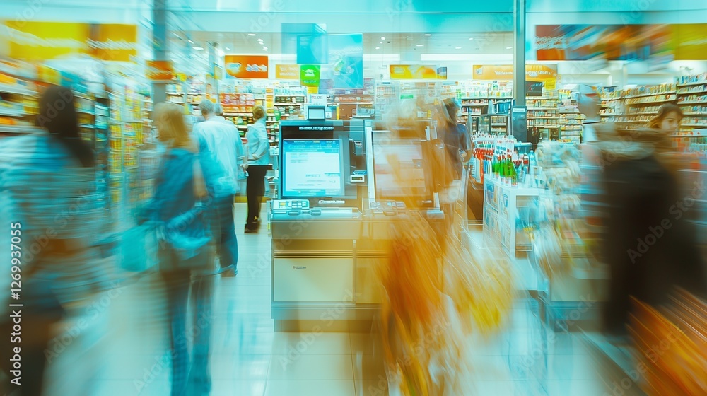 Poster blurred shoppers in a store symbolize dynamic sales forecasting and consumer behavior analysis.