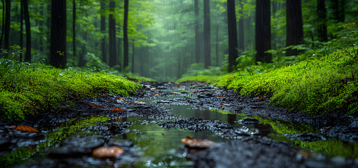 Serene forest pathway with a gentle stream reflecting vibrant greenery in the morning light