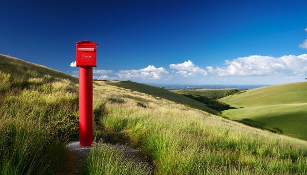 blue hills sky and red postbox