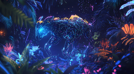 A cybernetic animal moves gracefully through a dense jungle, illuminated by glowing patterns and bioluminescent plants, creating a surreal atmosphere at night. Cybernetic Jungle Beasts. Illustration