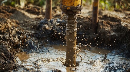 Drilling rig in action, muddy water splashing, symbolizing artesian well maintenance.