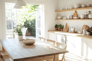 Bright and airy kitchen with wooden dining table and decorative plants in a sunlit space