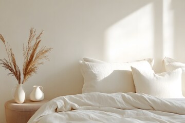 Cozy bedroom with minimalistic decor and soft natural light, featuring a light-colored bedding and a touch of dried flowers