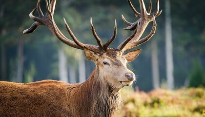 vertical close up of red deer with big antlers cervus elaphus stag standing on a glade in the floodplain forest in daylight