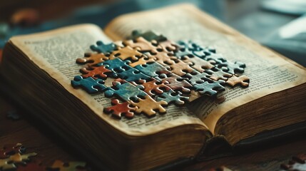 Fototapeta premium Puzzle pieces on an open book symbolize the complexity and diversity of special education learning approaches.